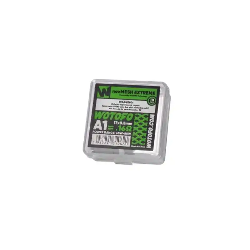 Wotofo - NexMesh Extreme A1 (0.16 Ohm - 17x8.5mm)Wotofo - NexMesh Extreme A1 Wotofo - NexMesh Extreme A1 (0.16 Ohm - 17x8.5mm)Das nexMesh Extreme A1 ist ein herkömmliches, gewebtes Siebgewebe, das Turbo A1 ein quadratisch gelochtes Siebplättchen und das Chill A1 ist mit einer gestanzten Wabenstruktur versehen. Turbo und Chill besitzen an den Seiten ungestanzte/ungelochte Streifen, die für den perfekten Kontakt mit den Polen sorgen. Zudem sind die Seiten glatt, wodurch das Einziehen der Watte besonders einfach gelingt.Die hier angebotenen Wotofo nexMESH Extreme Coils A1 sind mit einem Widerstand von 0,16 Ohm für das DL-Dampfen geeignet und können in einem Leistungsspektrum von 60 bis 80 Watt verwendet werden, wobei Wotofo einen Leistungsbereich von 70 bis 75 Watt empfiehlt.EigenschaftenMaterial: A1Widerstand: 0,16 OhmLeistungsbereich: 60 - 80 Watt (empfohlen 70 - 75 Watt)für DL8691Wotofo 8,00 CHFsmoke-shop.ch8,00 CHF Wotofo - NexMesh Extreme A1 (0.16 Ohm - 17x8.5mm)Wotofo - NexMesh Extreme A1 Wotofo - NexMesh Extreme A1 (0.16 Ohm - 17x8.5mm)Das nexMesh Extreme A1 ist ein herkömmliches, gewebtes Siebgewebe, das Turbo A1 ein quadratisch gelochtes Siebplättchen und das Chill A1 ist mit einer gestanzten Wabenstruktur versehen. Turbo und Chill besitzen an den Seiten ungestanzte/ungelochte Streifen, die für den perfekten Kontakt mit den Polen sorgen. Zudem sind die Seiten glatt, wodurch das Einziehen der Watte besonders einfach gelingt.Die hier angebotenen Wotofo nexMESH Extreme Coils A1 sind mit einem Widerstand von 0,16 Ohm für das DL-Dampfen geeignet und können in einem Leistungsspektrum von 60 bis 80 Watt verwendet werden, wobei Wotofo einen Leistungsbereich von 70 bis 75 Watt empfiehlt.EigenschaftenMaterial: A1Widerstand: 0,16 OhmLeistungsbereich: 60 - 80 Watt (empfohlen 70 - 75 Watt)für DL8691Wotofo 8,00 CHFsmoke-shop.ch8,00 CHF