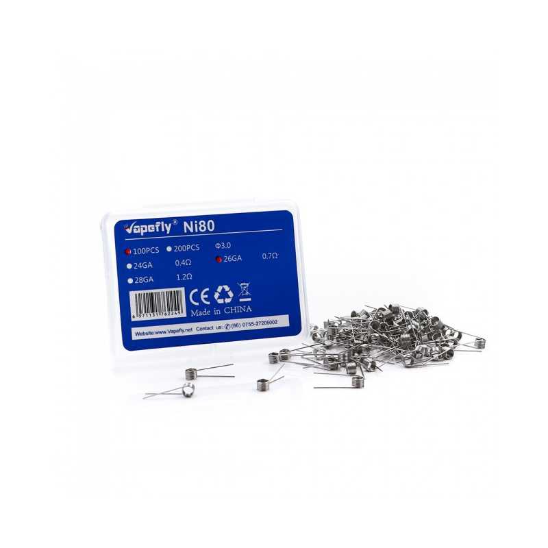 Prebuilt Coil Ni80 100 Stück by Vapefly vers. AuswahlLieferumfang: 100 Stück Prebuilt Coil Ni80 100 Stück by Vapefly vers. AuswahlDie Nickel80 (Ni80) Prebuilt Coils von VapeflyVapefly bringt vorgefertigte Coils für den Selbstwickler. Diese Coils sind aus Nickel80 (Ni80) gefertigt und mit einem Widerstand von 0.4 Ohm, 0.7 Ohm oder 1.2 Ohm erhältlich. So ist für jeden Bereich bestimmt etwas dabei.Die Beine der Coils sind jeweils parallel gestellt und können bei Bedarf auch gegenüberliegend gestellt werden. Ihr Innendurchmesser beträgt 3.0 mm.In einer Packung befinden sich 100 Stück vorgefertigte Coils. Damit sollte jeder Selbstwickler eine ganze Weile auskommen.Mit den Nickel80 Prebuilt Coils von Vapefly ist das Selberwickeln ganz einfach0.7 ohm 1.2 ohm0.4 ohm zur auswahl9213Vapefly8,90 CHFsmoke-shop.ch8,90 CHF