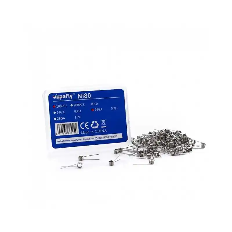Prebuilt Coil Ni80 100 Stück by Vapefly vers. AuswahlLieferumfang: 100 Stück Prebuilt Coil Ni80 100 Stück by Vapefly vers. AuswahlDie Nickel80 (Ni80) Prebuilt Coils von VapeflyVapefly bringt vorgefertigte Coils für den Selbstwickler. Diese Coils sind aus Nickel80 (Ni80) gefertigt und mit einem Widerstand von 0.7 Ohm oder 1.2 Ohm erhältlich. So ist für jeden Bereich bestimmt etwas dabei.Die Beine der Coils sind jeweils parallel gestellt und können bei Bedarf auch gegenüberliegend gestellt werden. Ihr Innendurchmesser beträgt 3.0 mm.In einer Packung befinden sich 100 Stück vorgefertigte Coils. Damit sollte jeder Selbstwickler eine ganze Weile auskommen.Mit den Nickel80 Prebuilt Coils von Vapefly ist das Selberwickeln ganz einfach0.7 ohm oder 1.2 ohm9213Vapefly8,90 CHFsmoke-shop.ch8,90 CHF Prebuilt Coil Ni80 100 Stück by Vapefly vers. AuswahlLieferumfang: 100 Stück Prebuilt Coil Ni80 100 Stück by Vapefly vers. AuswahlDie Nickel80 (Ni80) Prebuilt Coils von VapeflyVapefly bringt vorgefertigte Coils für den Selbstwickler. Diese Coils sind aus Nickel80 (Ni80) gefertigt und mit einem Widerstand von 0.7 Ohm oder 1.2 Ohm erhältlich. So ist für jeden Bereich bestimmt etwas dabei.Die Beine der Coils sind jeweils parallel gestellt und können bei Bedarf auch gegenüberliegend gestellt werden. Ihr Innendurchmesser beträgt 3.0 mm.In einer Packung befinden sich 100 Stück vorgefertigte Coils. Damit sollte jeder Selbstwickler eine ganze Weile auskommen.Mit den Nickel80 Prebuilt Coils von Vapefly ist das Selberwickeln ganz einfach0.7 ohm oder 1.2 ohm9213Vapefly8,90 CHFsmoke-shop.ch8,90 CHF