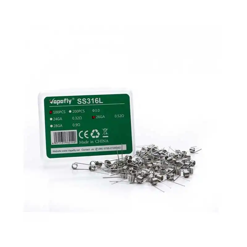 Prebuilt Coil SS316L 100 Stück by Vapefly - 0.32 ohmLieferumfang: Prebuilt Coil SS316L 100 Stück by Vapefly vers. AuswahlDie Edelstahl (SS316) Prebuilt Coils von VapeflyVapefly bringt vorgefertigte Coils für den Selbstwickler. Diese Coils sind aus Edelstahl (SS316) gefertigt und mit einem Widerstand von 0.32 Ohm erhältlich. Die Beine der Coils sind jeweils parallel gestellt und können bei Bedarf auch gegenüberliegend gestellt werden. Ihr Innendurchmesser beträgt 3.0 mm.In einer Packung befinden sich 100 Stück vorgefertigte Coils. Damit sollte jeder Selbstwickler eine ganze Weile auskommen.0.32 ohm 9214Vapefly8,90 CHFsmoke-shop.ch8,90 CHF Prebuilt Coil SS316L 100 Stück by Vapefly - 0.32 ohmLieferumfang: Prebuilt Coil SS316L 100 Stück by Vapefly vers. AuswahlDie Edelstahl (SS316) Prebuilt Coils von VapeflyVapefly bringt vorgefertigte Coils für den Selbstwickler. Diese Coils sind aus Edelstahl (SS316) gefertigt und mit einem Widerstand von 0.32 Ohm erhältlich. Die Beine der Coils sind jeweils parallel gestellt und können bei Bedarf auch gegenüberliegend gestellt werden. Ihr Innendurchmesser beträgt 3.0 mm.In einer Packung befinden sich 100 Stück vorgefertigte Coils. Damit sollte jeder Selbstwickler eine ganze Weile auskommen.0.32 ohm 9214Vapefly8,90 CHFsmoke-shop.ch8,90 CHF