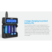Ladegerät X4 (Extended Version) - XTAR 4 SchachtLieferumfang1 x XTAR X4 4-Slot Charger Ladegerät1 x Europa Netzstecker1 x BenutzerhandbuchXTAR stellt das neue X4 Ladegerät vor, ein 4-Schacht-Ladegerät welches mit sämtlichen Schutzfunktionen ausgestattet ist und die Akkus mit bis zu 2A lädt. Das Ladegerät ist aus flammhemmendem PC Material gefertigt und mit einem übersichtlichen Display ausgestattet. Das Display zeigt den Echtzeit-Ladestrom, die Ladekapazität, den Akku-Typ und die Akkuspannung an. Der Ladestrom wird automatisch gewählt, dieser beträgt bei Laden eines Akkus 2A, bei Laden von 2 Akkus jeweils 1A und bei Laden von 4 Akkus jeweils 0,5A. Die Stromversorgung erfolgt entweder über den Micro-USB Port oder den AC-Eingang.Die integrierten Schutzfunktionen, Überhitzungs-, Überladungs- und Kurzschlussschutz, sorgen für einen hohen Sicherheitsstandart und verlängern die Lebensdauer der Akkus. Mit dem USB Ausgang an der Rückseite kann das XTAR X4 zusätzlich als Powerbank für Smartphones und andere Geräte genutzt werden. Dafür muss ein Akku in Schacht 4 eingelegt werden. Kompatibel mit:Li-Ion:14500, 14650, 16340, 17335, 17500, 17670, 18350, 18490, 18500, 18650, 18700, 20700, 21700, 22650, 25500, 266509851Xtar Charger39,90 CHFsmoke-shop.ch39,90 CHF