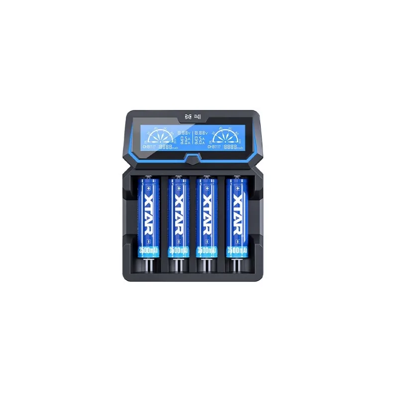 Ladegerät X4 (Extended Version) - XTAR 4 SchachtLieferumfang1 x XTAR X4 4-Slot Charger Ladegerät1 x Europa Netzstecker1 x BenutzerhandbuchXTAR stellt das neue X4 Ladegerät vor, ein 4-Schacht-Ladegerät welches mit sämtlichen Schutzfunktionen ausgestattet ist und die Akkus mit bis zu 2A lädt.&nbsp;Das Ladegerät ist aus flammhemmendem PC Material gefertigt und mit einem übersichtlichen Display ausgestattet. Das Display zeigt den Echtzeit-Ladestrom, die Ladekapazität, den Akku-Typ und die Akkuspannung an. Der Ladestrom wird automatisch gewählt, dieser beträgt bei Laden eines Akkus 2A, bei Laden von 2 Akkus jeweils 1A und bei Laden von 4 Akkus jeweils 0,5A. Die Stromversorgung erfolgt entweder über den Micro-USB Port oder den AC-Eingang.Die integrierten Schutzfunktionen, Überhitzungs-, Überladungs- und Kurzschlussschutz, sorgen für einen hohen Sicherheitsstandart und verlängern die Lebensdauer der Akkus.&nbsp;Mit dem USB Ausgang an der Rückseite kann das XTAR X4 zusätzlich als Powerbank für Smartphones und andere Geräte genutzt werden. Dafür muss ein Akku in Schacht 4 eingelegt werden.&nbsp;Kompatibel mit:Li-Ion:14500, 14650, 16340, 17335, 17500, 17670, 18350, 18490, 18500, 18650, 18700, 20700, 21700, 22650, 25500, 266509851Xtar Charger39,90&nbsp;CHFsmoke-shop.ch39,90&nbsp;CHF