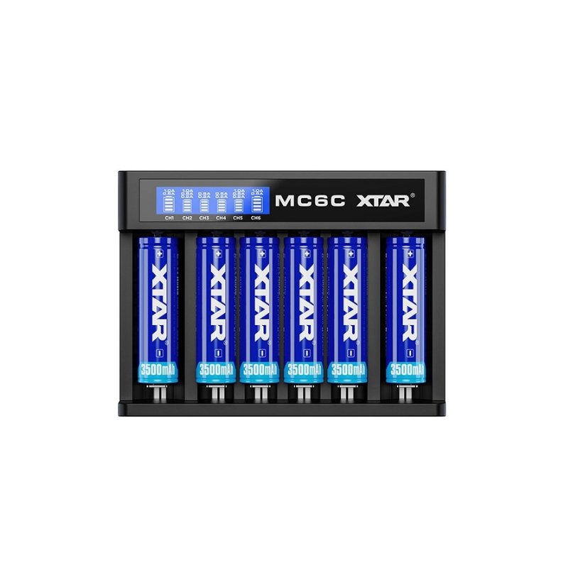 Xtar MC6C Ladegerät für Li-Ionen Akkus mit LCD-Display (USB Anschluss)Lieferumfang: Ladegerät XTAR MC6C, 1 x USB Kabel USB A auf DC, Anleitung in Deutsch und weiteren SprachenDer MC6C kann bis zu sechs Li-Ionen-Akkus gleichzeitig laden und ist mit vielen gängigen Akkugrößen kompatibel, Größen von 33mm Länge und 10mm Durchmesser bis 71mm Länge und 32mm Durchmesser. Li-Ion Akkus IMR, INR, ICR (Nominal 3,6V-3,7V) bis 4,20V Ladespannung.Die dynamische Anpassung des Ladestroms reduziert die Ladeströme entsprechend der aktuellen verfügbaren Leistung ihrer Stromversorgung.10440 / 14500 / 14650 / 16340 / 16650 / 17500 / 17650 / 17670 / 18350 / 18490 / 18500 / 18650 / 18700 / 20700 / 21700 / 26500 / 26650 / 32650Folgende Akkus können nur im Schacht 1,2,5,6 gleichzeitig geladen werden: 20700 / 21700Folgende Akkus können nur im Schacht 1 und Schacht 6 geladen werden: 22650 / 26650, 26700Folgende Akkus können nur mit Flachen Pluspol im Schacht 1 und Schacht 6 geladen werden: 326509852Xtar Charger30,00 CHFsmoke-shop.ch30,00 CHF