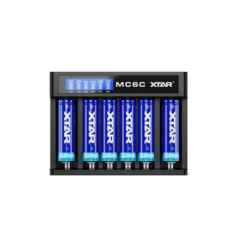 Xtar MC6C Ladegerät für Li-Ionen Akkus mit LCD-Display (USB Anschluss)Lieferumfang:&nbsp;Ladegerät XTAR MC6C, 1 x USB Kabel USB A auf DC, Anleitung in Deutsch und weiteren SprachenDer MC6C kann bis zu sechs Li-Ionen-Akkus gleichzeitig laden und ist mit vielen gängigen Akkugrößen kompatibel, Größen von 33mm Länge und 10mm Durchmesser bis 71mm Länge und 32mm Durchmesser. Li-Ion Akkus IMR, INR, ICR (Nominal 3,6V-3,7V) bis 4,20V Ladespannung.Die dynamische Anpassung des Ladestroms reduziert die Ladeströme entsprechend der aktuellen verfügbaren Leistung ihrer Stromversorgung.10440 / 14500 / 14650 / 16340 / 16650 / 17500 / 17650 / 17670 / 18350 / 18490 / 18500 / 18650 / 18700 / 20700 / 21700 / 26500 / 26650 / 32650Folgende Akkus können nur im Schacht 1,2,5,6 gleichzeitig geladen werden: 20700 / 21700Folgende Akkus können nur im Schacht 1 und Schacht 6&nbsp;geladen werden: 22650 / 26650, 26700Folgende Akkus können nur mit Flachen Pluspol im Schacht 1 und Schacht 6 geladen werden: 326509852Xtar Charger30,00&nbsp;CHFsmoke-shop.ch30,00&nbsp;CHF
