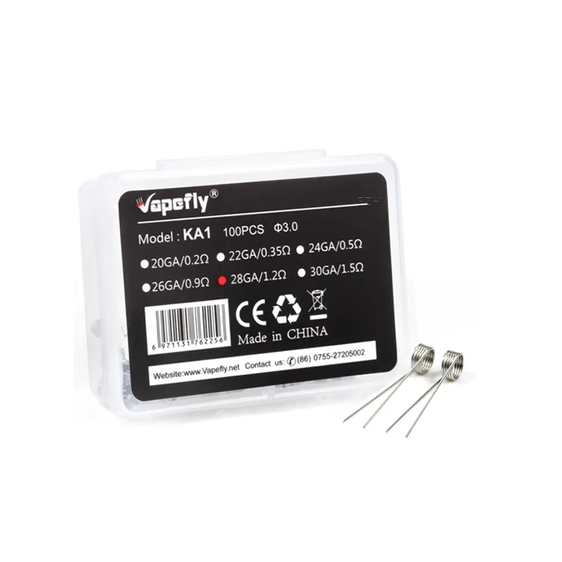 Prebuilt Coil KA1 - 100 Stück by Vapefly- 0.5 OhmLieferumfang: 100 Stück Prebuilt Coil KA1 - 100 Stück by Vapefly vers. AuswahlDie KA1 Prebuilt Coils von VapeflyVapefly bringt vorgefertigte Coils für den Selbstwickler. Diese Coils sind aus Kanthal (KA1) gefertigt und mit einem Widerstand von 0.5 Ohm,  erhältlich. So ist für jeden Bereich bestimmt etwas dabei.Die Beine der Coils sind jeweils parallel gestellt und können bei Bedarf auch gegenüberliegend gestellt werden. Ihr Innendurchmesser beträgt 3.0 mm.In einer Packung befinden sich 100 Stück vorgefertigte Coils. Damit sollte jeder Selbstwickler eine ganze Weile auskommen.0.5 ohm Auswahl9215Vapefly8,90 CHFsmoke-shop.ch8,90 CHF