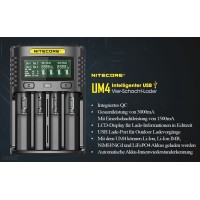 Nitecore UM4 - 4 Slot 2A - intelligentes USB LadegerätLieferumfang: 1x NiteCore UM4, 1x USB Kabel, Bedienungsanleitung in: Deutsch, Englisch, Spanisch, Französisch, Russisch, Italienisch und Rumänisch(USB Netzteil nicht im Lieferumfang)Der UM Serie mit LCD Anzeige ist ein neue auf Zukunft basierte Konzept Strategie von Nitecore.Nitecore verzichtete bei dem UM4 auf integriertes Netzteil und integrierte dem Ladegerät das *QC 2.0 (Quick Charge) am USB Eingang. Laden von Akkus bis eine Länge von 77mm z.B: Geschützte 20700/21700 Akkus, automatische Akku-Innenwiderstands Erkennung, Berechnung der geladenen Kapazität sowie Li-Ionen Akku Reaktivierung sind weitere sinnvolle Ergänzungen.4820Nitecore34,90 CHFsmoke-shop.ch34,90 CHF