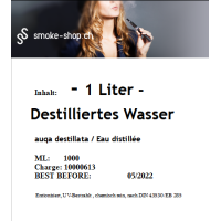 1000 ml (1 Liter) Destilliertes WasserLieferumfang: 1000 ml (1 Liter)  Destilliertes Wasser NameDestilliertes WasserSummenformelH2ODestilliertes Wasser (auch lateinisch: Aqua destillata) ist Wasser (H2O), das durch Destillation von den im normalen Quellwasser oder  Verunreinigungen befreit wurde. Die Lieferung erfolgt in lichtundurchlässiger PET Flasche mit Originalitätsversiegelung.Bild kann von Produkt abweichen  5671Smoke-Shop.ch5,00 CHFsmoke-shop.ch5,00 CHF