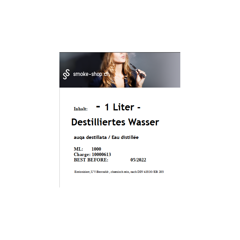 1000 ml (1 Liter) Destilliertes WasserLieferumfang: 1000 ml (1 Liter)  Destilliertes Wasser NameDestilliertes WasserSummenformelH2ODestilliertes Wasser (auch lateinisch: Aqua destillata) ist Wasser (H2O), das durch Destillation von den im normalen Quellwasser oder  Verunreinigungen befreit wurde. Die Lieferung erfolgt in lichtundurchlässiger PET Flasche mit Originalitätsversiegelung.Bild kann von Produkt abweichen  5671Smoke-Shop.ch5,00 CHFsmoke-shop.ch5,00 CHF