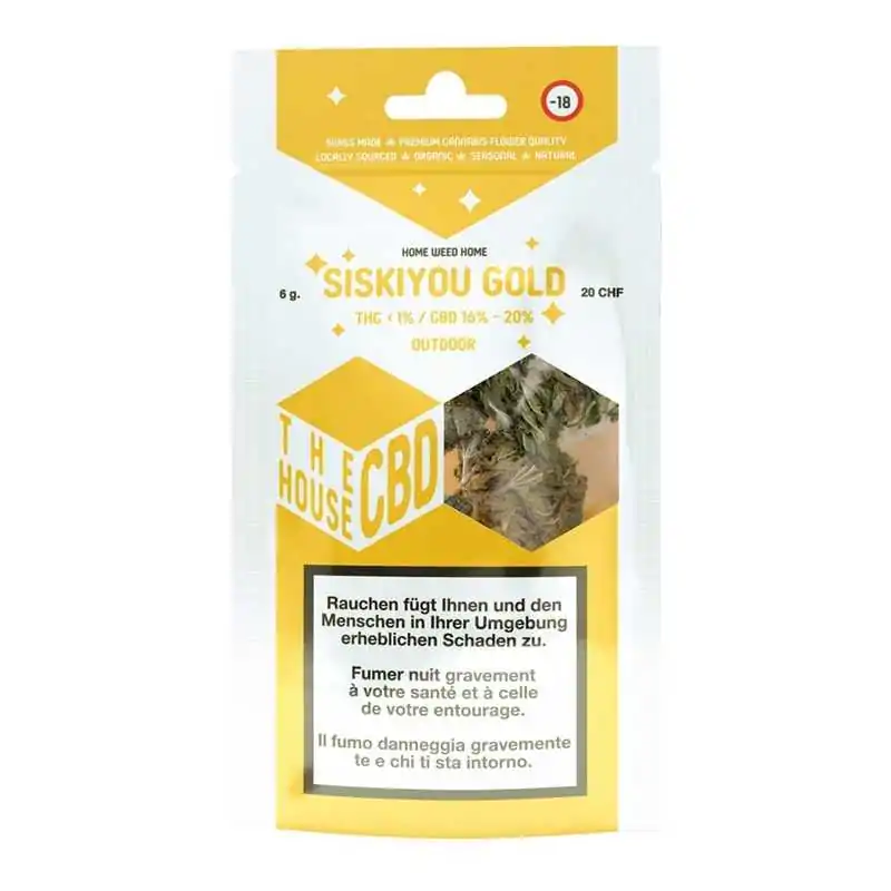 Siskiyou Gold - The CBD House - Blüten CBD Blüten 6 gLieferumfang: Siskiyou Gold Blüten CBD Blüten 6 gDiese Cannabis Sorte hat ein blumiges, fruchtiges und leicht erdiges Aroma. Angebaut sind die CBD Blüten im Freien im Kanton Genf, Dabei haben sie ein CBD Gehalt zwischen 16 und 20 %. Sie ist sehr schmackhaft und hat eine entspannende Wirkung ohne dabei Energie zu entziehen.Made in SwitzerlandCBD Gehalt: 14-18%10238The House CBD - Made in Switzerland -16,90 CHFsmoke-shop.ch16,90 CHF
