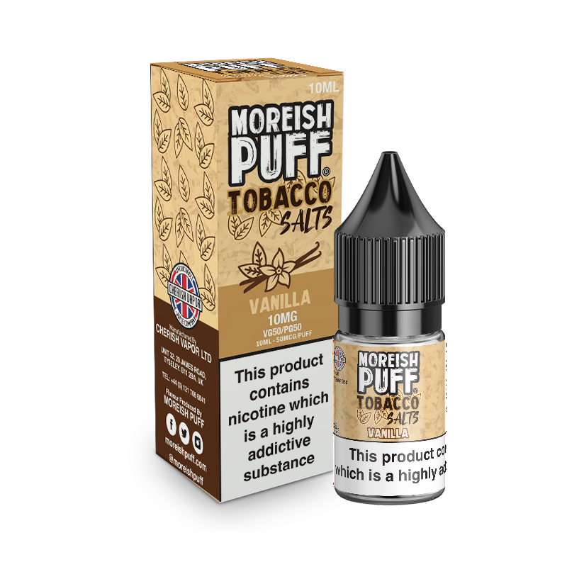 Moreish Puff Tobacco Salt Vanilla 10ml - 20mgLieferumfang: Moreish Puff Tobacco 50/50 Vanilla 10ml - vers. NikotinstärkenGeschmack:Moreish Puff Tobacco Vanilla liefert eine glatte Mischung aus amerikanischen Tabaksorten, die einen Hauch von süßer Vanille für die Vaper da draußen mit einem anspruchsvollen Palette hinzugefügt wurde!Tobacco Vanilla von Moreish Puff wird in einer 10ml-Flasche geliefert und enthält entweder 3mg, 6mg, 12mg oder 18mg Nikotin.3-18mg = normales Nikotin20mg = Nikotinsalz10392Moreish Puff UK Liquids4,10 CHFsmoke-shop.ch4,10 CHF