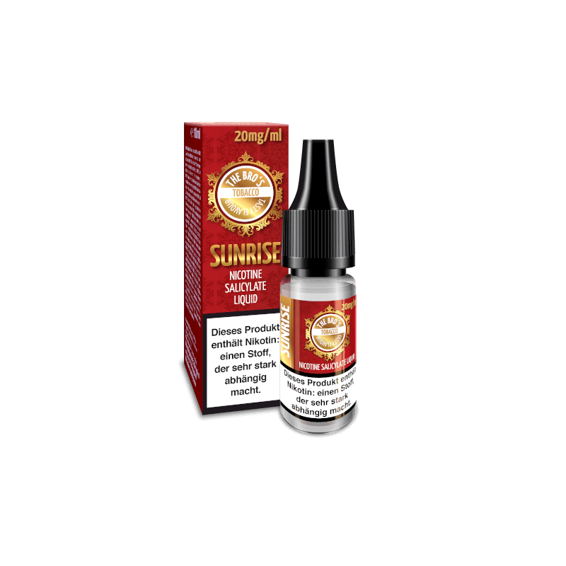 The Bro`s - Tabakliquids - Nikotinsalz - vers. Auswahl je 10ml - 20mgThe Bro`s Nikotinsalz - SunriseDie neue Nikotinsalz Reihe passend zu den beliebten Tabak Longfill Aromen von The Bro`s. Ein perfekter, leichter Tabak steht mit dem Sunrise für Euch bereit.Sunrise: Ein perfekter, leichter Tabak steht mit dem Sunrise für Euch bereit.Cognac: Die neue Nikotinsalz Reihe passend zu den beliebten Tabak Longfill Aromen von The Bro`s. Der perfekte Mix aus feinstem Tabak in und edlem Cognac. Ein absolutes Highlight! No. 1: Mit der No. 1 steht Euch ein perfekter dunkler Tabak in Perfektion bereit. Er besticht durch seinen herben und würzigen Geschmack.Classic: Ein unverfälschter holzig-würzig und zugleich nussige Tabak in Perfektion. Aroma: TabakNikotinmenge: 20 mg NikotinsalzInhalt: 10 mlDosierempfehlung: 50% VG / 50% PGInhaltsstoffe: Propylenglycol, Glycerin, Aromen10979The Bro's4,20 CHFsmoke-shop.ch4,20 CHF