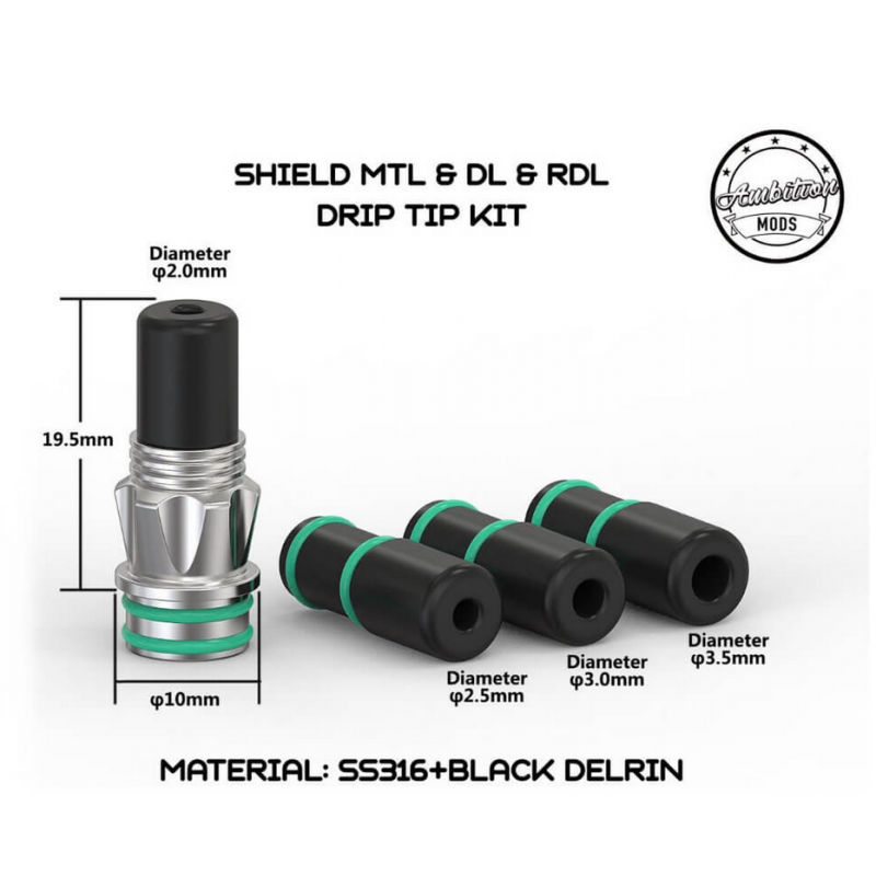 Ambition Mods - Shield Drip Tip Kit - 510 vers. FarbenAmbition Mods - Shield Drip Tip Kit - 510Das Shield Drip Tip Kit von Ambition Mods ist bei uns erhältlich in den Farben Delrin weiss und Delrin schwarz.SpezifikationenLänge: 19,5mm sichtbarMaterial: Edelstahl, DelrinAnschluss: 510erAussendurchmesser Delrin: 7,0mmInnendurchmesser: wahlweise 2,0mm, 2,5mm, 3,0mm oder 3,5mmLieferumfang:1x Ambition Mods Shield Drip Tip KitDas Shield Drip Tip Kit von Ambition Mods ist ein für MTL, RDL und DL-Dampfer geeignetes Drip Tip Kit. Das Set kommt mit vier verschiedenen Drip Tips, mit jeweils anderen Innendurchmesser. Das Shield Drip Tip Kit besteht aus einer SS316 Edelstahl Base in elegantem Design. Auf dir Base kann man die vier verschiedenen Mundstücke platzieren, hierzu hat man die Wahl zwischen einem Innendurchmesser von 2,0mm, 2,5mm, 3,0mm und 3,5mm.11179Ambition Mods14,90 CHFsmoke-shop.ch14,90 CHF