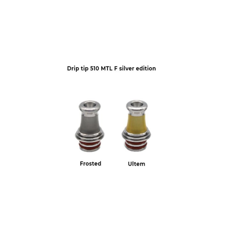 Drip tip 510 MTL F - ver. FarbenDrip tip 510 MTL F silver oder black edition ver. FarbenGem. AbbildungPassend auf alle 510 AnschlüsseThe Straight 510 drip tips are available in multiple variances and are ideal as a direct replacement for any 510 drip tip on any tank. featuring 2 O-rings to ensure a nice tight fit.11234Drip Tip4,50 CHFsmoke-shop.ch4,50 CHF