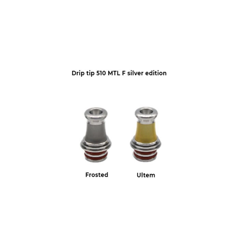 Drip tip 510 MTL F - ver. FarbenDrip tip 510 MTL F silver oder black edition ver. FarbenGem. AbbildungPassend auf alle 510 AnschlüsseThe Straight 510 drip tips are available in multiple variances and are ideal as a direct replacement for any 510 drip tip on any tank. featuring 2 O-rings to ensure a nice tight fit.11233Drip Tip6,50 CHFsmoke-shop.ch6,50 CHF