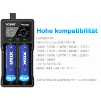 Xtar VC2SL - USB Ladegerät für Li-Ion Akkus inkl. USB-C KabelXtar VC2SL - Ladegerät für Li-Ion Akkus inkl. USB-C KabelUpgrade-Version des XTAR VC2S. Unter Beibehaltung aller Funktionen des VC2S verwendet der VC2SL einen USB-C-Eingang und kann geschützte 21700-Akkus laden.Das moderne aufgeräumte LCD Bildschirm liefert auf den ersten Blick die wichtigsten Kennzahlen wie Akku-Typ, Ladestrom und Spannung der Akkus. Status-Anzeige zu aufgeladener Kapazität, Ladestrom und Innenwiderstand der Akkus werden durch Drücken der Soft Taste angezeigt.Der VC2SL von Xtar ist ein intelligente, voll automatisch funktionierende Ladegerät.Automatisches Abschalten bei vollgeladenen Akkus sowie unabhängig voneinander funktionierende Ladeschächte gehört zum Standard&nbsp;aller XTAR Ladegeräten.&nbsp;&nbsp;Ladestrom von bis zu 2x 1A werden durch Messen des Wiederstandes automatisch eingestellt und von den VC2SL fortlaufend optimiert.&nbsp;Das Aufladen&nbsp;von NIMH/NICd Akkus sowie USB Ausgang (5V 1A) ist eine&nbsp;sinnvolle Ergänzung von Xtar VC2SL Ladegerät.Folgende Lithium-Ionen-Akkus können mit dem Xtar VC2SL geladen werden:Li-Ionen:&nbsp;10440 / 14500 / 14650 / 16340 / 17335 / 17500 / 17670 / 18350 / 18490 / 18500 / 18650 / 18700 / 22650 / 25500 / 26650 / 20700 / 21700Laden der 32650 Akkus nicht möglich.3.6V&nbsp;/ 3.7V Li-ion / IMR / INR / ICR.NIMH/NiCd:&nbsp;AAAA / AAA / AA / A / SC / C;&nbsp; Ni-MH / Ni-Cd&nbsp;XTAR VC2SL Produktinformationen:&nbsp;Laden von Li-Ionen&nbsp;und NIMH Akkus, wobei beide Ladeschächte unabhängig voneinander funktionieren und das Laden von zwei unterschiedlichen Akkutypen möglich machen.Ladestrom Auswahl erfolgt nach Prüfung des Innenwiderstandes&nbsp;automatisch. max. Ladestrom 2A auf einen Schacht oder max. 1A pro LadeschachtIntegrierter USB-Ausgang mit Power-Path-Management-System ermöglicht es Ihnen, zwei Akkus&nbsp;und das externe Gerät gleichzeitig aufzuladen, während die Stromversorgung angeschlossen ist!LCD Anzeige mit Akku-Typ, Ladestrom und Spannung der Akkus&nbsp;unabhängig voneinander.Power-Bank Funktion mit Akkustatus Anzeige, um Tiefentladen der Akkus zu vermeidenAutomatische Auswahl des Ladeverfahrens. TC-CC-CV für Li-Ion und Impuls für NIMH AkkusXTAR aktuelle Pufferung&nbsp;Ladetechnik schützt die Akkus&nbsp;von hohen&nbsp;Stromschwankungen&nbsp;während des Ladevorgangs0V Aktivierungsfunktion, um zu tief entladene Akkus zu rettenDas Xtar VC2SL kann mit jeden beliebigen 5V USB Adapter betrieben werden, empfohlen 5V 2,1A. (passender Adapter Artikel-Nr.&nbsp;400609)"Soft Start" Funktion, vermeidet Akkuschäden, die durch Stromstoß entstehen könnenIC Temperaturüberwachung, um&nbsp;Überhitzung&nbsp;zu vermeidenVerpolungs-&nbsp;und KurzschlussschutzLade-Stopp-Automatik, Ladevorgang stoppt automatisch bei vollem Akku. Wiederaufnahme des Ladevorgangs bei unter 3,9VDreistufiger Lade-AlgorithmusLadeverfahren TC, CC&nbsp;CVKompakte Größe12360Xtar Charger19,90&nbsp;CHFsmoke-shop.ch19,90&nbsp;CHF