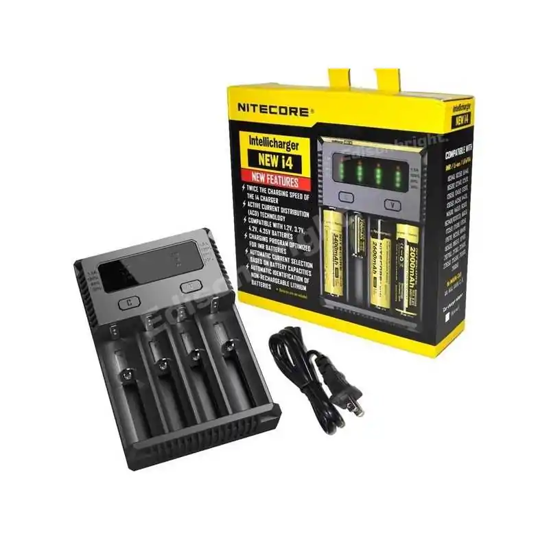 Nitecore Sysmax New i4 - Intilligentes Ladegerät für Li-Ion AkkusLieferumfang: 1 x Nitecore Sysmax New i4 - Intilligentes Ladegerät für Li-Ion AkkusBestens ausgestattet, schneller und flexibler, der NEW i4&nbsp;ist das Nachfolgemodell des beliebten&nbsp;i4EU. Neben vielen Ergänzungen und Features wurde auch das&nbsp;Design optisch und funktional neu gestaltet.Nitecore Sysmax NEW i4&nbsp;- Universalladegerät für Rundzellen, Li-Ion, LiFePo, Ni-MH, Ni-CD AkkusDieses Ladegerät lädt Li-Ion, IMR, LiFePo4, NiMH und NiCd Akkus auf. Manuelle Ladestromeinstellung (nicht bei allen Akkugrößen). Die LEDs zeigen den Ladezustand des jeweiligen Akkus an. Nach dem Ladevorgang&nbsp;schaltet der Intellicharger NEW i4 automatisch ab. Sie können auch unterschiedliche Zellen gleichzeitig laden.Wichtige Produktmerkmale zum Nitecore NEW&nbsp;i4:Zweimal so schnell wie das i4EU&nbsp;LadegerätAktive Stromverteilung (ACD Technologie)Kompatibel mit 1,2V, 3,7V, 4,2V und 4,35V AkkusOptimiertes Ladeprogramm für IMR-AkkusAutomatische Erkennung von nicht wieder aufladbaren BatterienAutomatische Ladestromauswahl basierend auf der AkkukapazitätAbschlussschwelle für Akkuspannungen und Ladestrom kann unabhängig für jeden einzelnen Ladeschacht eingestellt werdenKann vier Akkus gleichzeitig ladenDrei unterschiedliche Lademethoden (Constant Charge Current (CC), Constant Charge Voltage (CV) und Trickle Charge)Vier&nbsp;Ladeschächte - unabhängig voneinander nutzbarJeder Ladeschacht lädt und überwacht individuell und eigenständigAutomatische Erkennung des Ladezustands des Akkus und Anzeige des laufenden LadevorgangsAutomatischer Ladestop nach Abschluss des LadevorgangsVerpolungsschutz und Kurzschluss-PräventionReaktivierung von tiefentladenen AkkusMikroprozessor-gesteuerter Ladeprozess der die Akkus vor Überladung schützt und überwachtAutomatische zeitabhängige LadeabschaltungTemperaturüberwachung zur Verhinderung von ÜberhitzungsschädenGehäuse aus hitzebeständigem Kunststoff (feuerhemmend)LED-Anzeige mit StatusmeldungNeues DesignOptimale HitzeableitungZertifiziert durch RoHS, CE, FCC und CECWeltweit versichert durch Ping An Insurance (Group) Company of China, Ltd.Folgende Li-Ion IMR und LiFePo4 Akkutypen können geladen werden:Li-Ion, LiFePo4 IFR:10340, 10350, 10440, 10500, 12340, 12500, 12650, 13450, 13500, 13650, 14350, 14430, 14500, 14650,16500, 16340(RCR123), 16650, 17350, 17500, 17650, 17670, 18350, 18490, 18500,18650, 18700, 20700,21700, 22500, 22650, 25500, 26500, 26650Ni-MH/Ni-CD: AA, AAA, A, SC, CLieferumfang:&nbsp;1x NiteCore Intellicharge i4, 1x Netzkabel (abgebildete&nbsp;Akkus nicht im Lieferumfang)12633Nitecore29,90&nbsp;CHFsmoke-shop.ch29,90&nbsp;CHF