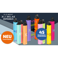 Disposable - Klik Klak - Einzeln (600) oder 2x Magnetisch (2x 600 mah)ELEMENT E-LIQUID kommt in Einweg Pod mit seiner Reichweite an Klik Klak. Dieser Einweg Pod ist eine echte Innovation weil es der erste magnetische Einweg Pod ist, mit dem Sie 2 Geschmacksrichtungen kombinieren oder einfach die Autonomie erhöhen können, um von 600 auf 1200 puffs zu gehen. Sie werden einen großzügigen Dampf und exotische Geschmäcker für alle genießen!Erste Disposable mit 1200 mah mit Nikotin - dank Magnet können Sie die Reichweite erhöhen (Dazu braucht es 2 Stück) Lieferumfang = 1 Stück - kann auch alleine gedampft werden.Verkauf einzeln (600 mah)  -  kombinieren Sie zwei Sticks dank der Magnetlösung zu einem grossen DisposableDIE AROMENTropical FruitEine Mischung aus exotischen FrüchtenPineappleAnanas-GeschmackSuper SourSaurer Bonbongeschmack zum Kombinieren mit anderen AromenBlue Sour RaspberryDer ultra-fruchtige Geschmack der Heidelbeer-Himbeer-Mischung, gleichzeitig süß, süß und leicht spritzig!Peach IceWeicher Pfirsichgeschmack mit einem Hauch von FrischeRaspberry LemonadeHimbeer Limonade.PassionHingabesfruchtWatermelonGeschmack nach WassermeloneAloe GrapeTrauben- und Aloe Vera-GeschmackIceErfrischender Geschmack zum Kombinieren mit anderen Aromenverkauf Einzeln - wir empfehlen Ihnen 2 Stück zu kaufen um zu einer Disposable zu verbinden (geschmäcker können auch beliebig kombiniert werden - aus 600 mah Batterie werden so 1200 13329Element - Klick Klak - First Disposable mit 1200 Zügen4,10 CHFsmoke-shop.ch4,10 CHF