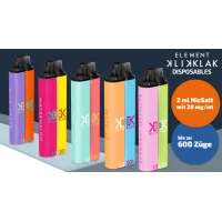 Disposable - Klik Klak - Einzeln (600) oder 2x Magnetisch (2x 600 mah)ELEMENT E-LIQUID kommt in Einweg Pod mit seiner Reichweite an Klik Klak. Dieser Einweg Pod ist eine echte Innovation weil es der erste magnetische Einweg Pod ist, mit dem Sie 2 Geschmacksrichtungen kombinieren oder einfach die Autonomie erhöhen können, um von 600 auf 1200 puffs zu gehen. Sie werden einen großzügigen Dampf und exotische Geschmäcker für alle genießen!Erste Disposable mit 1200 mah mit Nikotin - dank Magnet können Sie die Reichweite erhöhen (Dazu braucht es 2 Stück) Lieferumfang = 1 Stück - kann auch alleine gedampft werden.Verkauf einzeln (600 mah) - kombinieren Sie zwei Sticks dank der Magnetlösung zu einem grossen DisposableDIE AROMENTropical FruitEine Mischung aus exotischen FrüchtenPineappleAnanas-GeschmackSuper SourSaurer Bonbongeschmack zum Kombinieren mit anderen AromenBlue Sour RaspberryDer ultra-fruchtige Geschmack der Heidelbeer-Himbeer-Mischung, gleichzeitig süß, süß und leicht spritzig!Peach IceWeicher Pfirsichgeschmack mit einem Hauch von FrischeRaspberry LemonadeHimbeer Limonade.PassionHingabesfruchtWatermelonGeschmack nach WassermeloneAloe GrapeTrauben- und Aloe Vera-GeschmackIceErfrischender Geschmack zum Kombinieren mit anderen Aromenverkauf Einzeln - wir empfehlen Ihnen 2 Stück zu kaufen um zu einer Disposable zu verbinden (geschmäcker können auch beliebig kombiniert werden - aus 600 mah Batterie werden so 1200 13329Element - Klick Klak3,60 CHFsmoke-shop.ch3,60 CHF Disposable - Klik Klak - Einzeln (600) oder 2x Magnetisch (2x 600 mah)ELEMENT E-LIQUID kommt in Einweg Pod mit seiner Reichweite an Klik Klak. Dieser Einweg Pod ist eine echte Innovation weil es der erste magnetische Einweg Pod ist, mit dem Sie 2 Geschmacksrichtungen kombinieren oder einfach die Autonomie erhöhen können, um von 600 auf 1200 puffs zu gehen. Sie werden einen großzügigen Dampf und exotische Geschmäcker für alle genießen!Erste Disposable mit 1200 mah mit Nikotin - dank Magnet können Sie die Reichweite erhöhen (Dazu braucht es 2 Stück) Lieferumfang = 1 Stück - kann auch alleine gedampft werden.Verkauf einzeln (600 mah) - kombinieren Sie zwei Sticks dank der Magnetlösung zu einem grossen DisposableDIE AROMENTropical FruitEine Mischung aus exotischen FrüchtenPineappleAnanas-GeschmackSuper SourSaurer Bonbongeschmack zum Kombinieren mit anderen AromenBlue Sour RaspberryDer ultra-fruchtige Geschmack der Heidelbeer-Himbeer-Mischung, gleichzeitig süß, süß und leicht spritzig!Peach IceWeicher Pfirsichgeschmack mit einem Hauch von FrischeRaspberry LemonadeHimbeer Limonade.PassionHingabesfruchtWatermelonGeschmack nach WassermeloneAloe GrapeTrauben- und Aloe Vera-GeschmackIceErfrischender Geschmack zum Kombinieren mit anderen Aromenverkauf Einzeln - wir empfehlen Ihnen 2 Stück zu kaufen um zu einer Disposable zu verbinden (geschmäcker können auch beliebig kombiniert werden - aus 600 mah Batterie werden so 1200 13329Element - Klick Klak3,60 CHFsmoke-shop.ch3,60 CHF