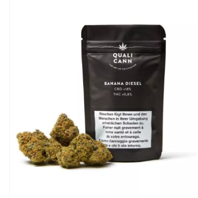 Qualicann - Banana Diesel - Indoor CBD Blüten - 2 grQualicann - Banana Diesel - Indoor CBD Blüten - 2 grHerstellerQualicannHerkunftSchweizAnbauartIndoorInhalt / Grösse2 g oder 5.5 g pro PackungCBD Gehalt18 %THC Gehalt&lt; 1 %13947ZUYA Swiss CBD18,90 CHFsmoke-shop.ch18,90 CHF