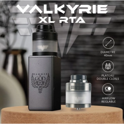 Valkyrie XL - RTA 40mm - Vaperz Clouds - SelbstwickelverdampferDer beeindruckendste Valkyrie XL RTA in der Serie !Durchmesser von 40mm für die meisten massiven Boxen.Sehr gute Kapazität von 9ml.Dual Coil Deck für massive Montage.Einstellbare Top-Luftstrom, um Ihre ziehen passen.Drip Tip 810 derlin perfekt für eine DL ziehen.Lieferumfang: 1 x Tank Valkyrie XL RTA1 x Set Zubehör 1 x Benutzerhandbuch15039Vaperz Cloud86,00 CHFsmoke-shop.ch86,00 CHF