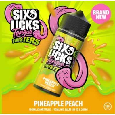 Six Licks - Tongue Twisters Pineapple Peach - 100ml Shortfill LiquidSix Licks - Tongue Twisters Pineapple Peach - 100ml Shortfill LiquidAroma: Ananas , PfirsichInhalt: 100 ml überdosiert in einer 120 ml PlastikflascheMischungsverhältnis: 70 % VG / 30 % PGInhaltsstoffe: Propylenglycol, Glycerin, versch. Aromen, Wasser15087sixs Licks Liquids22,00&nbsp;CHFsmoke-shop.ch22,00&nbsp;CHF