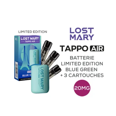 Tappo Air Blue Green Limited Edition 2024 + 3 Pods - 20MG Lost Mary - USB-CDie Batterie Limited Edition 2024 Tappo Air Lost Mary kommt in einem neuen Paket mit einem außergewöhnlichen Angebot!Finden Sie die Limited Edition 2024 Tappo Air Batterie (Farbe Blue Green) mit 750mAh in einem Entdeckungspaket mit 3 vorgefüllten 2mL Tappo Patronen in 20mg zu einem reduzierten Preis. Das perfekte Paket, um sich auf bevorstehende Sportereignisse vorzubereiten!Geschmack:  Pomme Peche, Passion Kiwi Goyave, Menthl Verte15624Maryliq - Salts16,90 CHFsmoke-shop.ch16,90 CHF