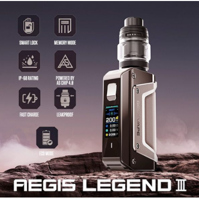 AEGIS LEGEND 3 L200 - von Geekvape (2x 18650)Aegis Legend III L200 Komplettset, der würdige Nachfolger des Legend II.Funktioniert mit zwei 18560er Akkus (nicht enthalten) und wird über USB-C aufgeladen.Maximale Leistung von 200 W.6 Betriebsarten: Power, TCR, Eco, Smart, Boosting, Memory.Fassungsvermögen von 5,5 ml und Befüllung von oben in den Tank.Kompatibel mit den Widerständen der Z-Serie (0.4ohm/0.15ohm).IP68-Standards, die allen Anforderungen standhalten.Kompaktes und intuitives 0.96" TFT-Display.Chipsatz Geekvape AS 4.0. 15712geekvape89,90 CHFsmoke-shop.ch89,90 CHF