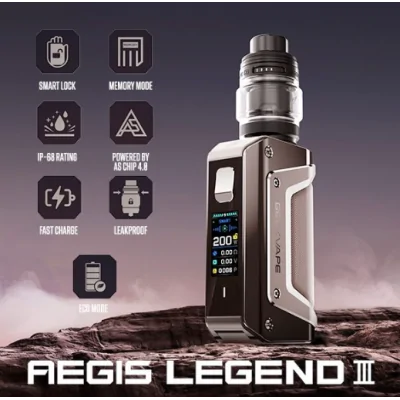 AEGIS LEGEND 3 L200 - von Geekvape (2x 18650)Aegis Legend III L200 Komplettset, der würdige Nachfolger des Legend II.Funktioniert mit zwei 18560er Akkus (nicht enthalten) und wird über USB-C aufgeladen.Maximale Leistung von 200 W.6 Betriebsarten: Power, TCR, Eco, Smart, Boosting, Memory.Fassungsvermögen von 5,5 ml und Befüllung von oben in den Tank.Kompatibel mit den Widerständen der Z-Serie (0.4ohm/0.15ohm).IP68-Standards, die allen Anforderungen standhalten.Kompaktes und intuitives 0.96" TFT-Display.Chipsatz Geekvape AS 4.0. 15712geekvape89,90 CHFsmoke-shop.ch89,90 CHF