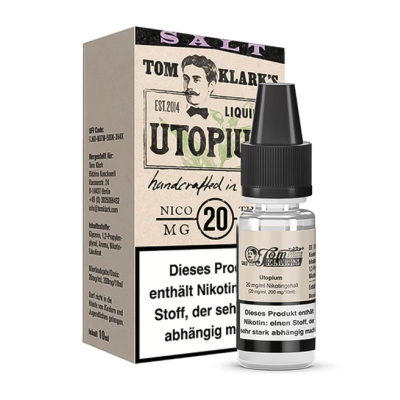 Tom Klark - Utopium - Nikotinsalz Liquid 20mgTom Klark - Utopium - Nikotinsalz Liquid 20mgGeschmack: Tom Klark's Utopium Nikotinsalz Liquid bietet ein einzigartiges und beruhigendes Dampferlebnis, das darauf ausgelegt ist, ein Gefühl der Ruhe und Entspannung zu vermitteln. Dieses Liquid zeichnet sich durch ein ausgewogenes und harmonisches Geschmacksprofil aus, das sowohl reichhaltig als auch wohltuend ist. Inhaltstoffe: Propylenglycol (PG) E1520 (Ph. Eur.), natürliche/naturidentische Aromastoffe, NikotinFlasche: 1x10ml PET Flasche mit Kindersicherungsverschluss Mischungsverhältnis: 60 VG / 40 PG 16021tom Klarks Liquid8,00 CHFsmoke-shop.ch8,00 CHF