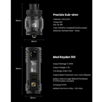 Rayden 100 Kit mit Precisio Sub-ohm Tank - BD Vape ink. 21700 BatterieHier ist das perfekte Paket, das Kraft und Kompaktheit in einer Hand vereint.Das Design aus Legierung macht es sehr robust.Hervorragendes Handling und Verarbeitung.Precisio Sub-Ohm Tank mit einer Kapazität von 4,5/2ml und Top-Filling.Sehr präzise einstellbare Top-Airflow, perfekt für DL-Züge.Funktioniert mit einem High-End-Akku BD-PRO XT55 21700 5500mAh (im Lieferumfang enthalten) oder 18650 (nicht im Lieferumfang enthalten).Leistung bis maximal 100 Watt einstellbar. XT ULTRA 1.1 Chipsatz mit anpassbaren Farben.Ein/Aus-Schalter zum einfachen Ein- und Ausschalten des Rayden Mods.16069BD Vape122,00 CHFsmoke-shop.ch122,00 CHF