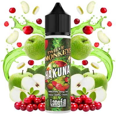 Twelve Monkeys Hakuna - 0mg 10ml Longfill (DIY)Twelve Monkeys Hakuna - 0mg 10ml Longfill (DIY)Fuji und Granny Smith Äpfel harmonieren perfekt mit dieser erfrischenden Mischung mit leichtem Cranberry-Abgang. Twelve Monkeys kommt als 10ml für 60 Longfill mit 0mg Nikotin. In der Flasche ist Platz für die Zugabe von Nikotin.30PG/70VGLongfill Aroma in Mischflasche zur Herstellung von E-LiquidMarke: Twelve Monkeys Vapor Co.Geschmacksprofil: Wassermelone, Ananas, Banane, fruchtig, exotisch, aromatisch, süß, leicht säuerlichInhalt: 10 ml (in 60 ml Liquidflasche)Dosierungsempfehlung: ca. 16.66 % (durch Mischflasche vorgegeben)empfohlene Reifezeit: kann direkt nach dem Mischen gedampft werden, die Geschmacksintensität verstärkt sich zusätzlich nach ein paar Tagen des ReifensInhaltsstoffe: Propylenglycol (PG) E1520 (PH.EUR.), natürliche und naturidentische AromastoffeLieferung in einer bruchsicheren Flasche mit kindersicherer Verschlusskappe, versiegelt und mit gesetzlich vorgeschriebener Steuerbanderole versehen.Deckel mit Drehverschluss und Innendeckel mit feiner TropfspitzeHergestellt in Kanada16092Twelve Monkey12,50 CHFsmoke-shop.ch12,50 CHF