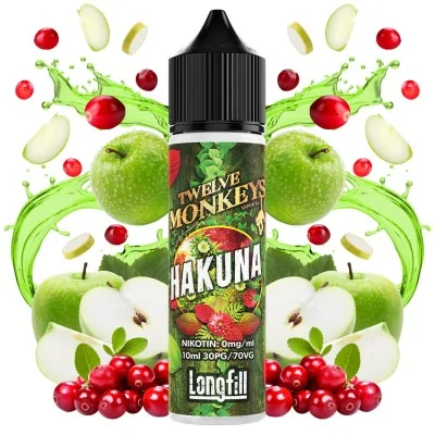 Twelve Monkeys Hakuna - 0mg 10ml Longfill (DIY)Twelve Monkeys Hakuna - 0mg 10ml Longfill (DIY)Fuji und Granny Smith Äpfel harmonieren perfekt mit dieser erfrischenden Mischung mit leichtem Cranberry-Abgang. Twelve Monkeys kommt als 10ml für 60 Longfill mit 0mg Nikotin. In der Flasche ist Platz für die Zugabe von Nikotin.30PG/70VGLongfill Aroma in Mischflasche zur Herstellung von E-LiquidMarke: Twelve Monkeys Vapor Co.Geschmacksprofil: Wassermelone, Ananas, Banane, fruchtig, exotisch, aromatisch, süß, leicht säuerlichInhalt: 10 ml (in 60 ml Liquidflasche)Dosierungsempfehlung: ca. 16.66 % (durch Mischflasche vorgegeben)empfohlene Reifezeit: kann direkt nach dem Mischen gedampft werden, die Geschmacksintensität verstärkt sich zusätzlich nach ein paar Tagen des ReifensInhaltsstoffe: Propylenglycol (PG) E1520 (PH.EUR.), natürliche und naturidentische AromastoffeLieferung in einer bruchsicheren Flasche mit kindersicherer Verschlusskappe, versiegelt und&nbsp;mit gesetzlich vorgeschriebener Steuerbanderole versehen.Deckel mit Drehverschluss und Innendeckel mit feiner TropfspitzeHergestellt in Kanada16092Twelve Monkey12,50&nbsp;CHFsmoke-shop.ch12,50&nbsp;CHF