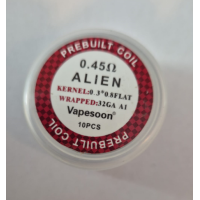 8x Prebuild Coils - Alien 0.45 Ohm (2 Stück fehlen)Lieferumfang: 8x Prebuild Coils - Alien 0.45 Ohm (2 Stück fehlen)Kernel: 0.3* 0.8 FlatWrapped : 32GA A10.45 Ohm Original Packung mit 8 Coils (2 Fehlen)  16145Vapethink / Steamshark4,00 CHFsmoke-shop.ch4,00 CHF