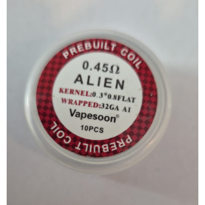 8x Prebuild Coils - Alien 0.45 Ohm (2 Stück fehlen)Lieferumfang: 8x Prebuild Coils - Alien 0.45 Ohm (2 Stück fehlen)Kernel: 0.3* 0.8 FlatWrapped : 32GA A10.45 Ohm Original Packung mit 8 Coils (2 Fehlen)  16145Vapethink / Steamshark4,00 CHFsmoke-shop.ch4,00 CHF