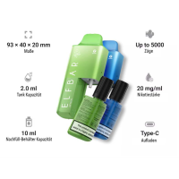 Elf Bar - AF5000 Kit - vers. Geschmacksrichtungen - Elf Bar - 20 mg/mlElf Bar AF50005000 Züge mit der Elf Bar AF5000Die Antwort der sogenannten „Big Puffs“ kommt von der Trend-Marke Elfbar und hört auf den Namen "Elf Bar AF5000". "Big Puffs" sind Vapes mit mehreren Tausend Puffs (Zügen), in Deutschland sind sie wegen der TPD Begrenzung der Liquid Menge, in vorgefüllten E-Zigaretten, auf max. 2ml verboten.5000 Puffs Elfbar VapeMit der Elf Bar AF5000 wurde eine einzigartige Disposable Vape entwickelt, die bis zu 5000 Züge leistet und dabei TPD-konform bleibt. Zustande kommt das durch ein innovatives Design mit einem separaten 10ml Liquid-Reservoir, welches den 2ml Tank der Elfbar AF5000 automatisch während des Gebrauchs füllt, sodass er bis zu 5-mal nachgefüllt werden kann.  AF5000 - Eigenschaft   BeschreibungZüge pro GerätBis zu 5000 Züge pro Gerät.TPD-KonformErfüllt die TPD-Richtlinien und verfügt über einen 2-ml-Tank und ein 10-ml-Liquid-Reservoir.Mesh-CoilVerwendet eine Mesh-Coil, um den Geschmack zu verbessern.USB Type-CMit einem USB Type-C-Anschluss zum Aufladen.GeschmacksrichtungenKompatibel mit 15 verschiedenen Elfbar-Geschmacksrichtungen.Akkukapazität650 mAh-Akku für eine lange Lebensdauer.Auslaufsicheres DesignDas Pod-Design ist auslaufsicher. Intensiver Geschmack bis zum letzten ZugEine Mesh-Coil sorgt für verbesserten Geschmack, somit kommen die 15 Sorten optimal zur Geltung. Die Pods haben ein auslaufsicheres Pod-Design und eine Nikotinstärke von 20 mg/ml (2%).Der starke Akku des Elf Bar AF 5000Angetrieben wird die Elfbar AF5000 von einem 650mAh Akku der neuesten Generation, aufgeladen wird dieser über einen USB Typ-C Kabel.In welchen Geschmacksrichtungen gibt die Elf Bar AF5000?Das sind die Sorten der Elf Bar mit 5000 Zügen - AF5000:Blue Razz LemonadeBlueberry IceBlueberry Sour RaspberryCherry IceGrapeKiwi Passion Fruit GuavaLemon LimePineapple MojitoPink LemonadeSour Pineapple IceStrawberry IceStrawberry Raspberry Cherry IceTobaccoTriple MangoWatermelon Ice16271Elf Bar - Disposable Pods19,90 CHFsmoke-shop.ch19,90 CHF