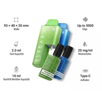 Elfbar - AF5000 Kit - vers. Geschmacksrichtungen - 20 mg/mlElf Bar AF50005000 Züge mit der Elf Bar AF5000Die Antwort der sogenannten „Big Puffs“ kommt von der Trend-Marke Elfbar und hört auf den Namen "Elf Bar AF5000". "Big Puffs" sind Vapes mit mehreren Tausend Puffs (Zügen), in Deutschland sind sie wegen der TPD Begrenzung der Liquid Menge, in vorgefüllten E-Zigaretten, auf max. 2ml verboten.5000 Puffs Elfbar VapeMit der Elf Bar AF5000 wurde eine einzigartige Disposable Vape entwickelt, die bis zu 5000 Züge leistet und dabei TPD-konform bleibt. Zustande kommt das durch ein innovatives Design mit einem separaten 10ml Liquid-Reservoir, welches den 2ml Tank der Elfbar AF5000 automatisch während des Gebrauchs füllt, sodass er bis zu 5-mal nachgefüllt werden kann. AF5000 - Eigenschaft BeschreibungZüge pro GerätBis zu 5000 Züge pro Gerät.TPD-KonformErfüllt die TPD-Richtlinien und verfügt über einen 2-ml-Tank und ein 10-ml-Liquid-Reservoir.Mesh-CoilVerwendet eine Mesh-Coil, um den Geschmack zu verbessern.USB Type-CMit einem USB Type-C-Anschluss zum Aufladen.GeschmacksrichtungenKompatibel mit 15 verschiedenen Elfbar-Geschmacksrichtungen.Akkukapazität650 mAh-Akku für eine lange Lebensdauer.Auslaufsicheres DesignDas Pod-Design ist auslaufsicher. Intensiver Geschmack bis zum letzten ZugEine Mesh-Coil sorgt für verbesserten Geschmack, somit kommen die 15 Sorten optimal zur Geltung. Die Pods haben ein auslaufsicheres Pod-Design und eine Nikotinstärke von 20 mg/ml (2%).Der starke Akku des Elf Bar AF 5000Angetrieben wird die Elfbar AF5000 von einem 650mAh Akku der neuesten Generation, aufgeladen wird dieser über einen USB Typ-C Kabel.In welchen Geschmacksrichtungen gibt die Elf Bar AF5000?Das sind die Sorten der Elf Bar mit 5000 Zügen - AF5000:Blue Razz LemonadeBlueberry IceBlueberry Sour RaspberryCherry IceGrapeKiwi Passion Fruit GuavaLemon LimePineapple MojitoPink LemonadeSour Pineapple IceStrawberry IceStrawberry Raspberry Cherry IceTobaccoTriple MangoWatermelon Ice16271Elf Bar - Disposable Pods11,10 CHFsmoke-shop.ch11,10 CHF Elfbar - AF5000 Kit - vers. Geschmacksrichtungen - 20 mg/mlElf Bar AF50005000 Züge mit der Elf Bar AF5000Die Antwort der sogenannten „Big Puffs“ kommt von der Trend-Marke Elfbar und hört auf den Namen "Elf Bar AF5000". "Big Puffs" sind Vapes mit mehreren Tausend Puffs (Zügen), in Deutschland sind sie wegen der TPD Begrenzung der Liquid Menge, in vorgefüllten E-Zigaretten, auf max. 2ml verboten.5000 Puffs Elfbar VapeMit der Elf Bar AF5000 wurde eine einzigartige Disposable Vape entwickelt, die bis zu 5000 Züge leistet und dabei TPD-konform bleibt. Zustande kommt das durch ein innovatives Design mit einem separaten 10ml Liquid-Reservoir, welches den 2ml Tank der Elfbar AF5000 automatisch während des Gebrauchs füllt, sodass er bis zu 5-mal nachgefüllt werden kann. AF5000 - Eigenschaft BeschreibungZüge pro GerätBis zu 5000 Züge pro Gerät.TPD-KonformErfüllt die TPD-Richtlinien und verfügt über einen 2-ml-Tank und ein 10-ml-Liquid-Reservoir.Mesh-CoilVerwendet eine Mesh-Coil, um den Geschmack zu verbessern.USB Type-CMit einem USB Type-C-Anschluss zum Aufladen.GeschmacksrichtungenKompatibel mit 15 verschiedenen Elfbar-Geschmacksrichtungen.Akkukapazität650 mAh-Akku für eine lange Lebensdauer.Auslaufsicheres DesignDas Pod-Design ist auslaufsicher. Intensiver Geschmack bis zum letzten ZugEine Mesh-Coil sorgt für verbesserten Geschmack, somit kommen die 15 Sorten optimal zur Geltung. Die Pods haben ein auslaufsicheres Pod-Design und eine Nikotinstärke von 20 mg/ml (2%).Der starke Akku des Elf Bar AF 5000Angetrieben wird die Elfbar AF5000 von einem 650mAh Akku der neuesten Generation, aufgeladen wird dieser über einen USB Typ-C Kabel.In welchen Geschmacksrichtungen gibt die Elf Bar AF5000?Das sind die Sorten der Elf Bar mit 5000 Zügen - AF5000:Blue Razz LemonadeBlueberry IceBlueberry Sour RaspberryCherry IceGrapeKiwi Passion Fruit GuavaLemon LimePineapple MojitoPink LemonadeSour Pineapple IceStrawberry IceStrawberry Raspberry Cherry IceTobaccoTriple MangoWatermelon Ice16271Elf Bar - Disposable Pods11,10 CHFsmoke-shop.ch11,10 CHF
