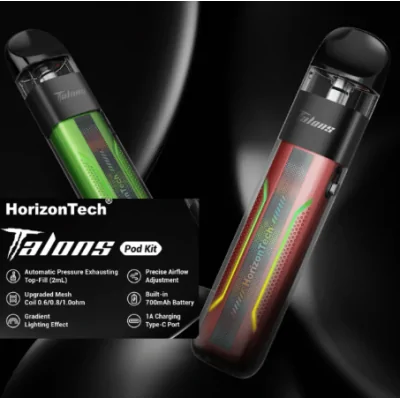 Talons Pod Kit - 700 mAh - HorizonTech - USB CTalons Pod Kit - 700 mAh - HorizonTech - USB CDas Horizon Tech Talons Pod Kit ist der Inbegriff von Eleganz und Effizienz im Bereich des Pod Vapings. Dieses schlanke, benutzerfreundliche Gerät wurde für Vaper entwickelt, die Einfachheit suchen, ohne Kompromisse bei der Leistung einzugehen. Mit seiner kompakten Bauweise und einem leistungsstarken 700mAh eingebauten Akku ist das Talons Kit Ihr idealer Begleiter für ganztägige Vaping-Abenteuer.Ausgestattet mit einem USB-Typ-C/1A-Ladeanschluss sorgt das Gerät für ein schnelles Aufladen, sodass Sie jederzeit bereit zum Dampfen sind. Die intuitiven Lichteffekte mit Farbverlauf sorgen nicht nur für einen Hauch von Stil, sondern zeigen auch bequem verschiedene Akkustände an, sodass Sie immer den Überblick behalten. Die Vielseitigkeit des Kits zeigt sich darin, dass es sowohl für Mouth-To-Lung (MTL) als auch für Restricted-Direct-To-Lung (RDTL) geeignet ist und so die unterschiedlichsten Vorlieben bedient.Die präzise Airflow-Einstellung ermöglicht es Ihnen, Ihr Dampferlebnis für einen optimalen Zug fein abzustimmen, egal ob Sie einen engen Zug oder einen lockeren, luftigeren Zug bevorzugen. Der Talons Pod wird mit verbesserten Mesh-Coils geliefert, die in den Widerständen 0,6ohm, 0,8ohm und 1,0ohm erhältlich sind und einen geschmackvollen Dampf mit hervorragender Wolkenbildung gewährleisten. Das Top-Filling-Design der 2ml-Pod-Patronen macht das Nachfüllen zu einem Kinderspiel und minimiert Verschütten und Wartung.Die einzigartige Automatic Pressure Exhaust Filling-Funktion verwendet einen Federmechanismus an der Füllöffnung, um Leckagen weiter zu reduzieren. Das HorizonTech Talons Pod Kit ist mehr als nur ein Vaping-Kit; es ist ein Gerät, das Stil und Funktionalität ausstrahlt, ideal für alle, die Wert auf ein anspruchsvolles Vaping legen.16380HorizonTech14,90 CHFsmoke-shop.ch14,90 CHF