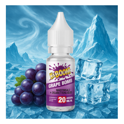 10 ml - Grape Bomb - NikotinSalz 20mg von K-BoomK-BOOMGrape Bomb- NikotinsalzEin toller Traubegeeschmack  Mix mit angenehmer Kühle wartet auf Dich!Aroma: Grape , TraubeNikotinmenge: 20mg NikotinsalzInhalt: 10 ml Liquid für E-ZigarettenInhaltsstoffe: pflanzliches Glycerin, Propylenglykol, Nikotinsalz10916K-Boom5,90 CHFsmoke-shop.ch5,90 CHF