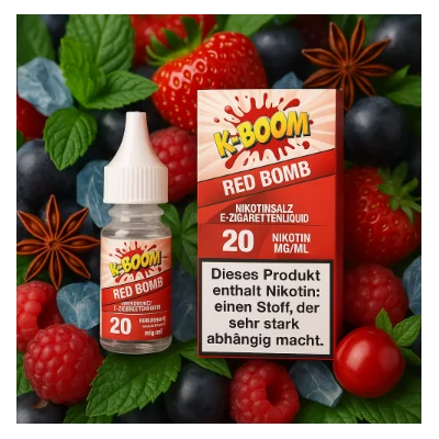 10 ml - K-Boom Nikotinsalz - Red Bomb 20mgK-BOOMRed&nbsp;Bomb&nbsp;- NikotinsalzDer perfekte Mix aus roten Früchten, Trauben, Eukalyptus und Anis, getoppt mit erfrischendem Menthol!Aroma:&nbsp;rote Früchte, Trauben, Eukalyptus, Anis, MentholNikotinmenge: 20mg NikotinsalzInhalt: 10 ml Liquid für E-ZigarettenInhaltsstoffe: pflanzliches Glycerin, Propylenglykol, Nikotinsalz10915K-Boom5,90&nbsp;CHFsmoke-shop.ch5,90&nbsp;CHF