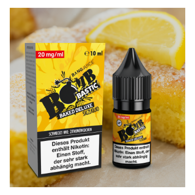 Baked Deluxe - Bang Juice BOMBBASTIC Hybrid-Nikotinsalz - 20 mgBaked Deluxe - Bang Juice BOMBBASTIC Hybrid-Nikotinsalz in 5mg, 10mg und 20mg. Ein bombastischer Zitronenkuchen, den du einfach lieben wirst! Die saftige Konsistenz des Kuchens schmilzt förmlich auf deiner Zunge, während sich die Zitrone zu einem wahren Feuerwerk entfaltet.Hybrid-Nikotinsalz ZitronenkuchenInhalt: 10ml in ml FlascheDosierempfehlung: Variiert je nach Gerät. Bitte Gerätebeschreibung sowie Gebrauchsanweisungen beachten!Inhaltsstoffe: Propylenglycol, Glycerin, Aromen, Hybrid-Nikotinsalz15044Bangjuice6,90 CHFsmoke-shop.ch6,90 CHF Baked Deluxe - Bang Juice BOMBBASTIC Hybrid-Nikotinsalz - 20 mgBaked Deluxe - Bang Juice BOMBBASTIC Hybrid-Nikotinsalz in 5mg, 10mg und 20mg. Ein bombastischer Zitronenkuchen, den du einfach lieben wirst! Die saftige Konsistenz des Kuchens schmilzt förmlich auf deiner Zunge, während sich die Zitrone zu einem wahren Feuerwerk entfaltet.Hybrid-Nikotinsalz ZitronenkuchenInhalt: 10ml in ml FlascheDosierempfehlung: Variiert je nach Gerät. Bitte Gerätebeschreibung sowie Gebrauchsanweisungen beachten!Inhaltsstoffe: Propylenglycol, Glycerin, Aromen, Hybrid-Nikotinsalz15044Bangjuice6,90 CHFsmoke-shop.ch6,90 CHF