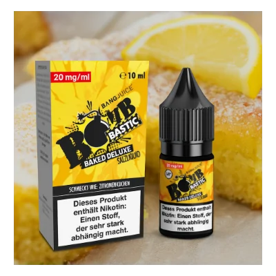 Baked Deluxe - Bang Juice BOMBBASTIC Hybrid-Nikotinsalz - 20 mgBaked Deluxe - Bang Juice BOMBBASTIC Hybrid-Nikotinsalz in 5mg, 10mg und 20mg. Ein bombastischer Zitronenkuchen, den du einfach lieben wirst! Die saftige Konsistenz des Kuchens schmilzt förmlich auf deiner Zunge, wÀhrend sich die Zitrone zu einem wahren Feuerwerk entfaltet.Hybrid-Nikotinsalz ZitronenkuchenInhalt: 10ml in ml FlascheDosierempfehlung: Variiert je nach GerÀt. Bitte GerÀtebeschreibung sowie Gebrauchsanweisungen beachten!Inhaltsstoffe: Propylenglycol, Glycerin, Aromen, Hybrid-Nikotinsalz15044Bangjuice6,90 CHFsmoke-shop.ch6,90 CHF Baked Deluxe - Bang Juice BOMBBASTIC Hybrid-Nikotinsalz - 20 mgBaked Deluxe - Bang Juice BOMBBASTIC Hybrid-Nikotinsalz in 5mg, 10mg und 20mg. Ein bombastischer Zitronenkuchen, den du einfach lieben wirst! Die saftige Konsistenz des Kuchens schmilzt förmlich auf deiner Zunge, wÀhrend sich die Zitrone zu einem wahren Feuerwerk entfaltet.Hybrid-Nikotinsalz ZitronenkuchenInhalt: 10ml in ml FlascheDosierempfehlung: Variiert je nach GerÀt. Bitte GerÀtebeschreibung sowie Gebrauchsanweisungen beachten!Inhaltsstoffe: Propylenglycol, Glycerin, Aromen, Hybrid-Nikotinsalz15044Bangjuice6,90 CHFsmoke-shop.ch6,90 CHF