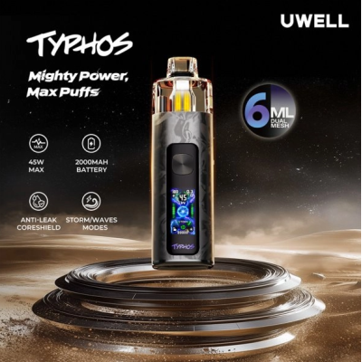 Pack Pod Typhos MTL/RDL - Uwell - 6 ml - 2000 mAh - USB C - 45 WattKraft, Kompaktheit und Leistung sind die Schlagworte, die den Typhos Pod von Uwell perfekt definieren.Eingebauter 2000mAh-Akku mit hoher Leistungsdichte, der über USB-C (Kabel nicht enthalten) schnell mit 2A aufgeladen werden kann.Einstellbare Leistung bis zu 45 Watt.Zwei Nutzungsmodi: Storm (starker Hit) und Waves (sanfte Aromen).Fassungsvermögen von 6ml und Befüllung von der Seite.In die Kartusche integrierter Dual Mesh-Widerstand in 3 Werten erhältlich: 0,3 (45W), 0,6 (25W) oder 0,8 Ohm (18W).Kompatibel mit den Patronen der Typhos-Serie.Einstellbare Airflow perfekt für MTL- bis DL-Züge.CoreShield Technologie gegen Auslaufen.Klares, gut lesbares 1,05" HD TFT-Display mit mehreren auswählbaren Themen.Aktivierung per Knopfdruck oder automatisch durch Inhalation.16873Uwell 32,00 CHFsmoke-shop.ch32,00 CHF