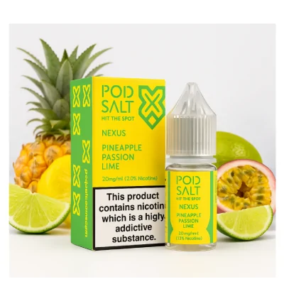 Pod Salt Fusion -Nexus Pineapple Passion Lime Nic Salt 10ml - 20mgEin leidenschaftlich tropischer Vape mit einem Nexus aus fruchtigen Aromen. Schmecken Sie saftige Ananas neben den Zitrusnoten der Passionsfrucht, gekrönt von spritzigen Limettenscheiben.- Geschmacks-Profil: Ananas, Passionsfrucht, Limette- Inhalt: 10ml- Nikotinstärke: 5mg / 10mg / 20mg- Mischungsverhältnis: 50VG/50PGFür das beste Pod Salt-Erlebnis empfehlen wir den MTL-Stil und jedes Gerät mit niedriger Wattzahl (10-20 Watt), mittlerem bis engem Zug und einem Widerstand von 0,8-1,2 Ohm..Pod Salt Nexus Pineapple Passion Lime Nic Salt 10ml - 20mgMit einem Nikotingehalt von 20mg/ml ist wenig Dampf erforderlich um den Nikotinbedarf zu befriedigen. Das Nikotinsalz ermöglicht einen viel sanfteren Throat Hit als regulär. Diese Kombination ist optimal für Podsystem und MTL-Verdampfer!Pod Salt repliziert die in Tabakblättern natürlich vorkommenden Nikotinsalze, um ein perfekt glattes Erlebnis mit minimaler Rachenreizung zu erzielen. Mit Nikotinsalzen wird das Nikotin schneller absorbiert und bleibt länger erhalten, um ein höheres Maß an Zufriedenheit zu erzielen als mit herkömmlichen Nikotin-E-Flüssigkeiten.Diese Kombination von Faktoren hilft mehr Rauchern beim Übergang vom Tabakkonsum, und auch viele derzeitige Vaper stellen den Wechsel ein. Stealth-Vaping war noch nie einfacher oder befriedigender.Inhalt:&nbsp;10 mlNikotingehalt:&nbsp;20 mgMischverhältnis:&nbsp;50% PG / 50% VGInhaltstoffe:&nbsp;Propylenglykol, pflanzliches Glyzerin, Aromen, Nikotin13410Pod Salt - Nikotinsaltz6,90&nbsp;CHFsmoke-shop.ch6,90&nbsp;CHF