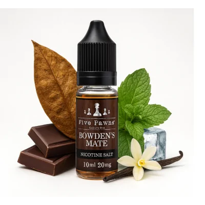 Five Pawns Salts - Bowden's Mate 10ml - 20mg NikotinsalzInspiriert von der Minze nach dem Essen, wird diese geschmackvolle Schokolade durch knackige Minze verfeinert und endet mit einem Hauch von französischer Vanille. Verführerisch und doch sanft, mit einer erfrischenden, spritzigen Note.Hersteller Five PawnsSortiment OriginalLand USAGeschmack : Tobacco , Schokoalde Minze, VanillePG/VG-Verhältnis 50/50Verpackung 10ml PetFüllmenge: 10ml Nikotinsalz14885Five Pawns Signature vapor Liquids California6,90 CHFsmoke-shop.ch6,90 CHF Five Pawns Salts - Bowden's Mate 10ml - 20mg NikotinsalzInspiriert von der Minze nach dem Essen, wird diese geschmackvolle Schokolade durch knackige Minze verfeinert und endet mit einem Hauch von französischer Vanille. Verführerisch und doch sanft, mit einer erfrischenden, spritzigen Note.Hersteller Five PawnsSortiment OriginalLand USAGeschmack : Tobacco , Schokoalde Minze, VanillePG/VG-Verhältnis 50/50Verpackung 10ml PetFüllmenge: 10ml Nikotinsalz14885Five Pawns Signature vapor Liquids California6,90 CHFsmoke-shop.ch6,90 CHF