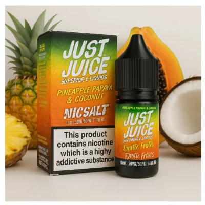 Just Juice Exotic - Pineapple Papaya & Coconut Nic Salt 10ml E-Liquid- 20 mg NikotinsalzJust Juice Pineapple, Papaya &amp; Coconut ist eine aufregende und exotische Mischung, die den tropischen Geschmack von frischer Ananas, Papayas und erfrischender Kokosnuss vereint.Just Juice ist ein 10ml Nik-Salz mit 11/20mg Nikotin. 50% VG / 50% PGNikotinsalz 20mg Made in Malaysia - 50 VG 20 mg Nicsalt14405Just Juice - Superier E-Liquids6,40 CHFsmoke-shop.ch6,40 CHF
