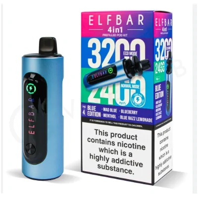 ELFBAR 4in1 Pod Kit Edition (USB-C) mit 4 ErsatzPods -20 mgDas Elfbar 4in1 Starter Kit hat ein Tankvolumen von 4 x 2ml = 8ml und bietet bis zu 3200 Puffs (Eco), 2400 Puffs (Boost). Die Batteriekapazität beträgt 1500 mAh und der Nikotingehalt ist 20mg Nikotin Salz. Es verfügt über einen USB Typ-C Ladeanschluss und eine Ladespannung von 5V. Das Design ist kompakt, stylisch und benutzerfreundlich mit einem hochwertigen Metallgehäuse. Das Gerät verfügt über einen Revolver-Drehmechanismus für den Aroma-Switch und ist inklusive 4 vorbefüllten Liquid Pods. Es gibt 3 Flavour-Editions und 3 Farben. Passend dazu gibt es Elfbar 4in1 Ersatz Pods.Lieferumfang: 1 x Elfbar 4in1 Pod Kit4 x Ersatzpods17002Elf Bar - Disposable Pods18,90 CHFsmoke-shop.ch18,90 CHF