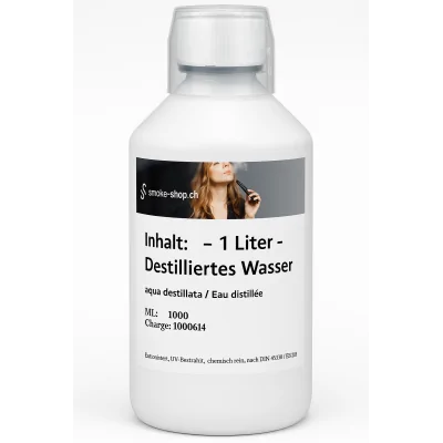 1000 ml (1 Liter) Destilliertes Wasser mit MessbecherLieferumfang: 1000 ml (1 Liter)&nbsp; Destilliertes Wasser NameDestilliertes WasserSummenformelH2ODestilliertes Wasser (auch lateinisch: Aqua destillata) ist Wasser (H2O), das durch Destillation von den im normalen Quellwasser oder&nbsp; Verunreinigungen befreit wurde. Die Lieferung erfolgt in&nbsp;lichtundurchlässiger PET Flasche mit Originalitätsversiegelung.Bild kann leicht von Produkt abweichenmit 50ml Messbecher5671Smoke-Shop.ch4,00&nbsp;CHFsmoke-shop.ch4,00&nbsp;CHF