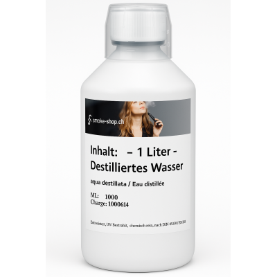 1000 ml (1 Liter) Destilliertes Wasser mit MessbecherLieferumfang: 1000 ml (1 Liter)  Destilliertes Wasser NameDestilliertes WasserSummenformelH2ODestilliertes Wasser (auch lateinisch: Aqua destillata) ist Wasser (H2O), das durch Destillation von den im normalen Quellwasser oder  Verunreinigungen befreit wurde. Die Lieferung erfolgt in lichtundurchlässiger PET Flasche mit Originalitätsversiegelung.Bild kann leicht von Produkt abweichenmit 50ml Messbecher5671Smoke-Shop.ch5,00 CHFsmoke-shop.ch5,00 CHF