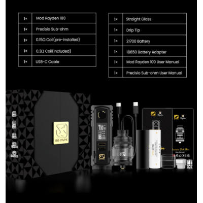 Spezial Edition: Box Mod Rayden 100 V2 - BD Vape - 100 Watt - neue FarbenSpezial Edition: Box Mod Rayden 100 V2 - BD Vape - 100 Watt - neue FarbenNEUE Farben in Spezial Edition: Gold oder Military Green Kompakt, leistungsstark, ergonomisch ... Drei Worte, die den Mod Rayden 100 perfekt beschreiben!Das Design aus einer Legierung verleiht ihm eine hohe Robustheit.Vorbildliche Handhabung und Verarbeitung.Funktioniert mit einem Akku 18650/21700 (nicht im Lieferumfang enthalten).Leistung einstellbar bis maximal 100 Watt.XT ULTRA 1.3-Chipsatz (neuer, verbesserter Chipsatz) mit anpassbaren Farben.Ein-/Aus-Schalter zum einfachen Ein- und Ausschalten des Rayden Mods.Die Änderungen der Version 2.0!+20 % Reaktionsfähigkeit im Vergleich zu V1.5.Hochwertige Verarbeitung mit kratzfester Beschichtung für außergewöhnliche Langlebigkeit.Neue Akku-Klappe, die jegliches Risiko von Überhitzung und Kurzschlüssen ausschließt.Überarbeitete Tasten für optimale Empfindlichkeit.2 Jahre Garantie auf das Produkt.16069BD Vape89,90 CHFsmoke-shop.ch89,90 CHF Spezial Edition: Box Mod Rayden 100 V2 - BD Vape - 100 Watt - neue FarbenSpezial Edition: Box Mod Rayden 100 V2 - BD Vape - 100 Watt - neue FarbenNEUE Farben in Spezial Edition: Gold oder Military Green Kompakt, leistungsstark, ergonomisch ... Drei Worte, die den Mod Rayden 100 perfekt beschreiben!Das Design aus einer Legierung verleiht ihm eine hohe Robustheit.Vorbildliche Handhabung und Verarbeitung.Funktioniert mit einem Akku 18650/21700 (nicht im Lieferumfang enthalten).Leistung einstellbar bis maximal 100 Watt.XT ULTRA 1.3-Chipsatz (neuer, verbesserter Chipsatz) mit anpassbaren Farben.Ein-/Aus-Schalter zum einfachen Ein- und Ausschalten des Rayden Mods.Die Änderungen der Version 2.0!+20 % Reaktionsfähigkeit im Vergleich zu V1.5.Hochwertige Verarbeitung mit kratzfester Beschichtung für außergewöhnliche Langlebigkeit.Neue Akku-Klappe, die jegliches Risiko von Überhitzung und Kurzschlüssen ausschließt.Überarbeitete Tasten für optimale Empfindlichkeit.2 Jahre Garantie auf das Produkt.16069BD Vape89,90 CHFsmoke-shop.ch89,90 CHF