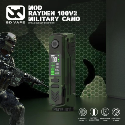 Spezial Edition: Box Mod Rayden 100 V2 - BD Vape - 100 Watt - neue FarbenSpezial Edition: Box Mod Rayden 100 V2 - BD Vape - 100 Watt - neue FarbenNEUE Farben in Spezial Edition:  Gold oder Military Green Kompakt, leistungsstark, ergonomisch ... Drei Worte, die den Mod Rayden 100 perfekt beschreiben!Das Design aus einer Legierung verleiht ihm eine hohe Robustheit.Vorbildliche Handhabung und Verarbeitung.Funktioniert mit einem Akku 18650/21700 (nicht im Lieferumfang enthalten).Leistung einstellbar bis maximal 100 Watt.XT ULTRA 1.3-Chipsatz (neuer, verbesserter Chipsatz) mit anpassbaren Farben.Ein-/Aus-Schalter zum einfachen Ein- und Ausschalten des Rayden Mods.Die Änderungen der Version 2.0!+20 % Reaktionsfähigkeit im Vergleich zu V1.5.Hochwertige Verarbeitung mit kratzfester Beschichtung für außergewöhnliche Langlebigkeit.Neue Akku-Klappe, die jegliches Risiko von Überhitzung und Kurzschlüssen ausschließt.Überarbeitete Tasten für optimale Empfindlichkeit.2 Jahre Garantie auf das Produkt.16069BD Vape92,00 CHFsmoke-shop.ch92,00 CHF Spezial Edition: Box Mod Rayden 100 V2 - BD Vape - 100 Watt - neue FarbenSpezial Edition: Box Mod Rayden 100 V2 - BD Vape - 100 Watt - neue FarbenNEUE Farben in Spezial Edition:  Gold oder Military Green Kompakt, leistungsstark, ergonomisch ... Drei Worte, die den Mod Rayden 100 perfekt beschreiben!Das Design aus einer Legierung verleiht ihm eine hohe Robustheit.Vorbildliche Handhabung und Verarbeitung.Funktioniert mit einem Akku 18650/21700 (nicht im Lieferumfang enthalten).Leistung einstellbar bis maximal 100 Watt.XT ULTRA 1.3-Chipsatz (neuer, verbesserter Chipsatz) mit anpassbaren Farben.Ein-/Aus-Schalter zum einfachen Ein- und Ausschalten des Rayden Mods.Die Änderungen der Version 2.0!+20 % Reaktionsfähigkeit im Vergleich zu V1.5.Hochwertige Verarbeitung mit kratzfester Beschichtung für außergewöhnliche Langlebigkeit.Neue Akku-Klappe, die jegliches Risiko von Überhitzung und Kurzschlüssen ausschließt.Überarbeitete Tasten für optimale Empfindlichkeit.2 Jahre Garantie auf das Produkt.16069BD Vape92,00 CHFsmoke-shop.ch92,00 CHF